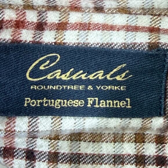 Casuals Roundtree & York Men L Brown White Portuguese Flannel Plaid Shirt Cozy - Picture 4 of 8